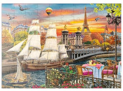 MyPuzzle Segelschiff und Heißluftballons: Pariser Brücke und Eiffelturm im Abendglanz - Premium 100 Teile Puzzle - MyPuzzle Sonderkollektion von Puzzle Galaxy