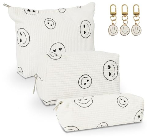 KATIMI 3 Stück Kosmetiktasche Klein Mittel Groß, Smiley Kulturtasche Damen Cord, Make Up Tasche mit Smiley Schlüsselanhänger, Schminktasche mit Reißverschluss, Make Up Bag für Toilettenartikel