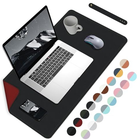 Sous-main double face imperméable en cuir PU grand tapis de souris protection de table facile à nettoyer tapis d'écriture portable - noir + rouge, 60 x 35 cm