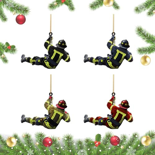 JWTRSVTY 4Pcs Weihnachtsbaum Feuerwehrmann Acryl Ornamente, Dekorationen und Anhänger - Weihnachtsschmuck für Wand, Banner, Fenster und Baum