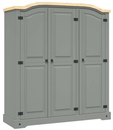 Hommdiy Kleiderschrank kleiderschrank kinderzimmer,kleiderschrank massivholz,kleiderschrank Kiefer,Geeigneter Kleiderschrank für Wohnzimmer und Schlafzimmer Mexiko-Stil Kiefernholz 3 Türen Grau