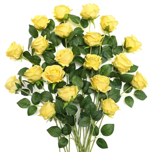 JUSTOYOU 20 PCS Gelbe Rose künstliche Blume, Seide blühende Rose mit Stiel, künstliche Rose Bouquet Realistische Blume für Home Table Office Party Hochzeit Garten Arrangements(gelb)