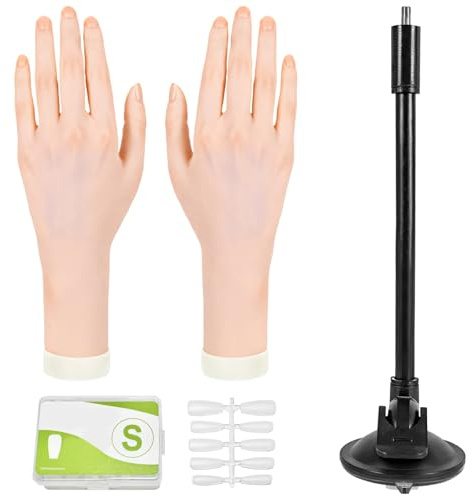 Packool 2-teiliges Übungshand-Set aus Silikon für Nägel, verstellbare Hände mit Ständern, biegbare Schaufensterpuppenhände mit 100 transparenten Nagelspitzen, Set mit künstlichen Händen