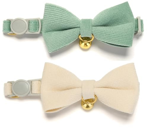 YUDOTE Ultra-Soft Cat Collars, Small 19-28cm, White & Sage Green 2 Pack | Natural cotton corduroy for felines with sensitive skin, safety quick-release clasp, removeable bow and bell, adjustable fit