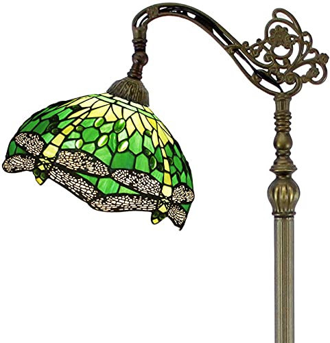 Tiffany Style Dragonfly Floor Lamp with Green Stained Glass Shade Antique Adjustable Arched Standing Lamp for Reading