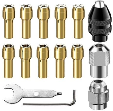 Drill Chuck Collet Set, 16 Pcs Chuck Collet Kit, Collet Nut Kit Brass Collet Set 4486 Rotary Tool Keyless 0.8-3.2mm Shank Replacement Metal Nut Rotary Tool Accessory 3000 4000 7700 8200
