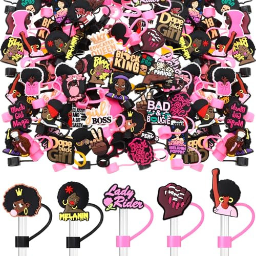 Reallnaive 64 pcs Black Girl Straw Cover Cap Straw Toppers with Handle for 9-10 mm Straws Silicone Drinking Straw Tip Covers Fortumblers Cup Gift Party Favors