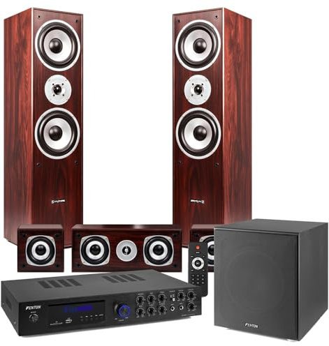 Fenton Full Walnut 5.1 Surround Sound System for TV with Subwoofer, Amplifier, Bluetooth, 3-Way Tower Speakers, Bookshelf Speakers & All Cables - Home Theatre Speaker System