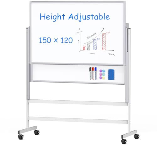 maxtek Tableau Blanc Mobile Réglable en Hauteur 150×120 cm, Tableau Blanc Effacable Magnétique avec 2 Panneaux Double Face 120×75cm, Whiteboard sur Roulettes Cadre en Aluminium