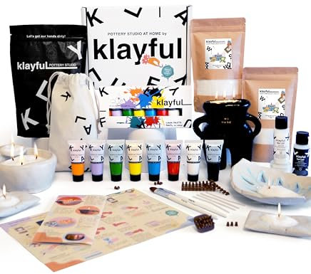 KLAYFUL - Set mit Kerzen und Ton zum Trocknen an der Luft | 400g 100% pflanzliches Perlwachs, 1,5kg weißer Ton, Pinsel, Farben, Dochte, Stempel, Anleitung und mehr | DIY Kerzen und Keramik