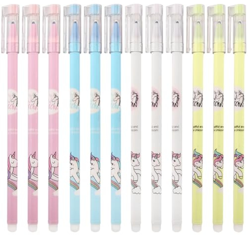 Einhorn Radierbarer Kugelschreiber,12 Stück Radierbarer Gelschreiber, Kugel am Ende, Blau Radierbarer Tintenroller Gelstifte Radierbar, 0,5 mm Durchmesser der Spitze für Kinder Studenten Schule