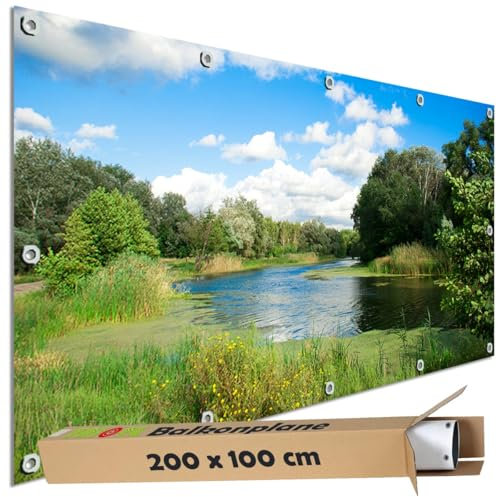 TRIOSK Sichtschutz Balkon Deko Plane Balkonblende Blickdicht mit Motiv Fluss Ufer Wasser Wiese für Garten Terrasse Gartenzaun Balkonverkleidung Blickschutz PVC groß 200x100 cm