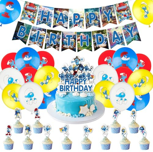 46 Stück Cartoon Geburtstagsdeko Set, Schlümpfe Kindergeburtstag Deko, Cartoon Luftballons Geburtstag Dekoration Set für Kinder Jungen Mädchen Schlümpfe Themenpartys Dekorationen