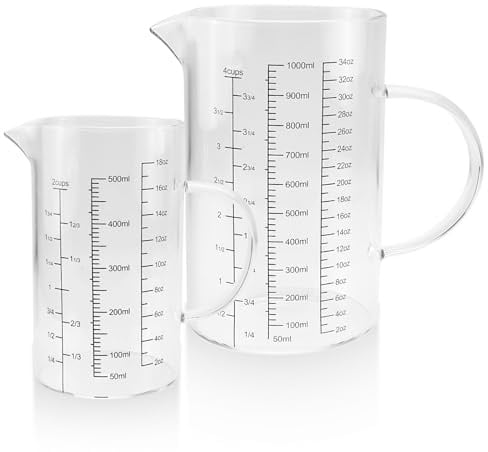 IIRC Messbecher Set, Messbecher Glas 500ml + 1L, Mit 3 Messskalen (Ml/Oz/Tassen), Für Backen und Kochen, Mikrowellengeeignet