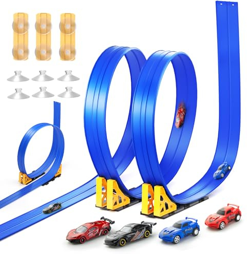 Flexible Race Track Sets Toy 6 m DIY Car Track with 4 Cars, Roll Up Car RaceTrack with Suction Cup and Storage Bag Car Toy for Kids Boys Girls