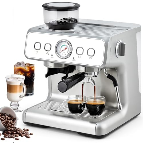 HAUSPROFI Macchina per caffè espresso con macinino, 15 bar, montalatte, manometro visibile, serbatoio grande 2,8 l, macchina per caffè espresso per cappuccino, latte e macchiato