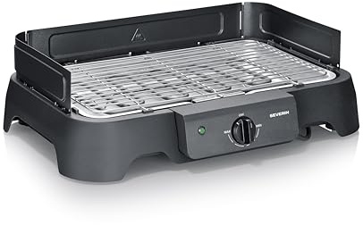 Severin Barbacoa eléctrica, 2000 W, temperatura de 35 a 200 °C, 38 x 22 cm, parrilla de acero inoxidable, protector contra viento y bandeja recogemigas, para interior y exterior, Negro, PG 8593