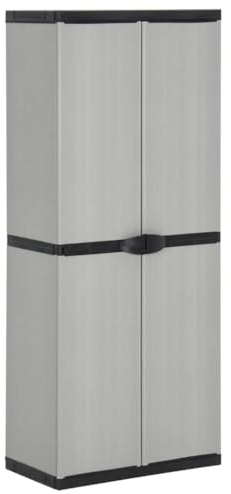 Owoxanthellate Garden Storage Cabinet 68x40x168 cm Grey & Black, 3 Shelf PVC Garden Cupboard with Padlock Eye, Tall Outdoor Storage Unit for Patio, Balcony, Garage or Living Room