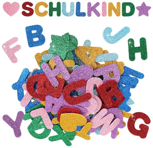 196 Stück Selbstklebende Moosgummi Buchstaben, Glitzer 5 Farben Klebebuchstaben, 4,3 cm Groß Buchstaben Aufkleber, Alphabet Sticker für Kindergeburtstag, Einschulung, Schulanfang (A)