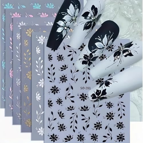 Nagelsticker Blumen, 6 Blatt Nagelsticker Schwarz Blume, Cute Nail Sticker, Schwarz Nagelsticker Selbstklebend, Nagelkunst Sticker, für Frauen Mädchen Nagelzubehör