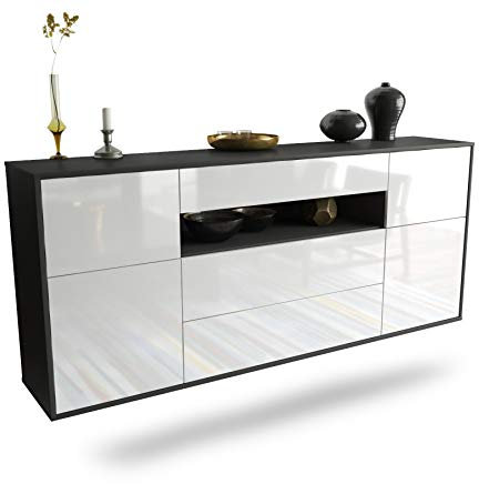 Dekati Sideboard Elizabeth hängend (180x77x35cm) Korpus anthrazit matt - Front Hochglanz Weiß - Push to Open - Leichtlaufschienen