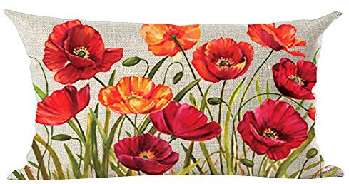 ramirar Housse de coussin rectangulaire peinte à la main avec peinture à l'huile et motif coquelicots rouges oranges roses et rouges 30,5 x 50,8 cm