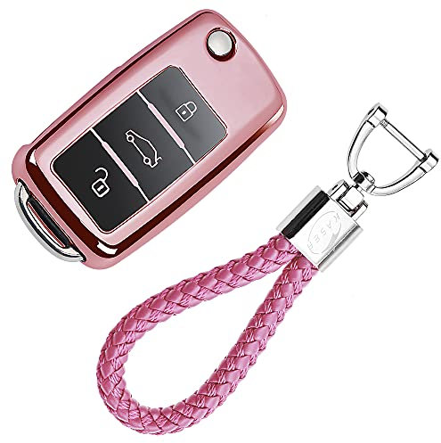KASER Coque Clé en Silicone Compatible pour Volkswagen VW Seat Ibiza Leon Skoda Octavia Cover Housse Porte-clé TPU Protection Télécommande (Rose)