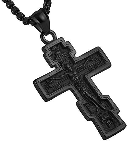HZMAN Orthodoxe Kreuz Halskette für Männer Edelstahl Vintage Kruzifix Kreuz Anhänger Halskette Schmuck Geschenk (Schwarz)