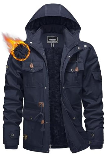KEFITEVD Warme Winterjacke Herren Gefüttert Cargo Jacke Thermo Arbeitsjacke Winter Mantel Puffer Jacke Herren Dunkelblau XL