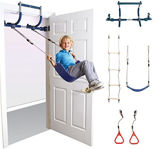Gym1 Juego de Gimnasio de Lujo para Puerta de Interior para niños Juego Todo en uno Columpio de Puerta Azul para niños Anillos de plástico Escalera para Escalar y Barra de dominadas Juego de 4 Piezas