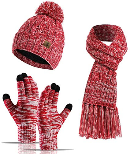 INSISMY Mütze Schal handschuhe Set Winter Weich Warm Pelzgefütterte Bommelmütze Langer Schal mit Quaste und Touchscreen Handschuhe Set 3-teiliges Melange Gestrickt Damen Unisex Rose Rot