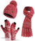 INSISMY Mütze Schal handschuhe Set Winter Weich Warm Pelzgefütterte Bommelmütze Langer Schal mit Quaste und Touchscreen Handschuhe Set 3-teiliges Melange Gestrickt Damen Unisex Rose Rot