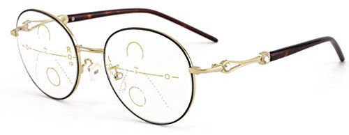 EYEphd Ladies Smart Progressive Multifocal Photochromic Reading Glasses, Retro Round Frame HD Resin Lens Outdoor Sunglasses/UV400 Diopter +1.0 to +3.0,Gold,+1.0