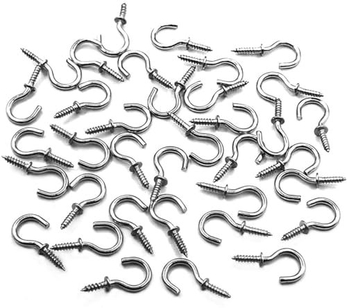 IDEALSV 50 Pcs (304) Stainless Steel Screw Ceiling Hooks 5/8 Inch Small Cup Hook Screw-in Light Hooks Outdoor and Indoor Hanging