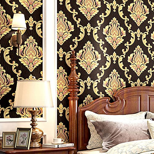 MEAIHOME European Style Waterproof PVC Wallpaper 3D Embossed Damask Living Room Bedroom Sofa TV Background Wall Shop Decoration Hotel Beauty Salon 1.73'W x 32.8'L Non-Pasted (Dark Brown)