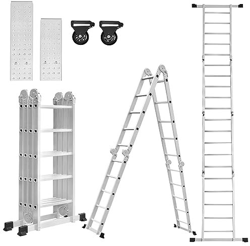 ACXIN 580cm Aluminium Mehrzweckleiter 7 in 1 Teleskopleiter Gerüst Leiter Ausziehbar Treppenleiter mit Arbeitsplattform Klappleiter Anlegeleiter Stehleiter 4x5 Stufen Silber