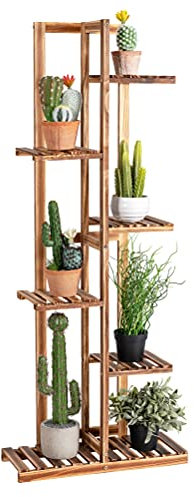 COSTWAY Étagère pour Plantes en Bois de Pin 6 Niveaux Autoportante pour 7 Pots de Fleurs avec Dispositif Anti-Dumping Intérieur/Extérieur Naturel