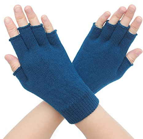 ZLYC Damen Wolle Halbfinger Handschuhe Winter Stricken Fingerlose Handschuhe(Einfarbig Blau)