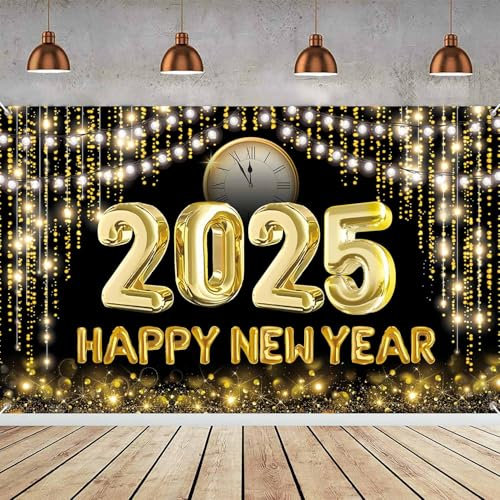 Silvester Deko 2025 Neujahrs Hintergrund Banner, XXL Neujahr Deko, Große Happy New Year Banner, 2025 Silvester Thema Party für Neujahr Indoor und Outdoor Dekoration(180 * 110cm)