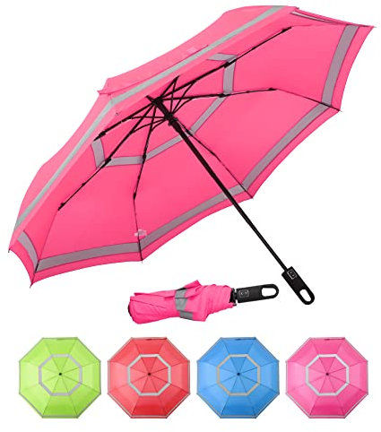 Quick Safety® wander- trekking-Regenschirm taschenschirm herren-damen-schirm jungen-regenschirm auf-zu-automatik sturmfest reflektierend Karabinerhacken-Griff-Design (fuchsia pink)