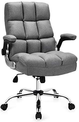 COSTWAY Executive Office Chair, Ergonomic High Back Swivel Computer Desk Chairs with Flip-up Armrests, Linen Padded Height Adjustable Rolling Manager Task Chair for Home Office (Grey)