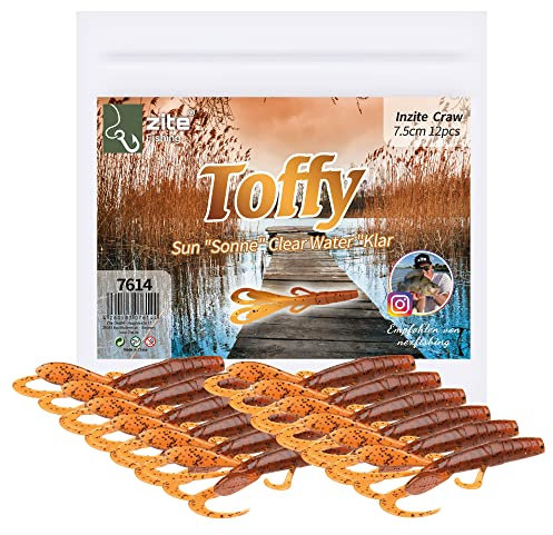 Zite Fishing Creature Bait Gummiköder Inzite Craw - 12 STK Drop Shot Finesse Angelköder Barsch & Zander Angeln - Auch UV-Aktive Kunstköder Farben (Toffy)