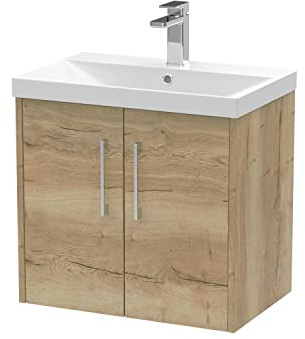 Hudson Reed JNU1823D Juno Modern Bathroom Wall Hung 2-Door Vanity with Thin-Edge Ceramic Basin, 600mm, Woodgrain Autumn Oak