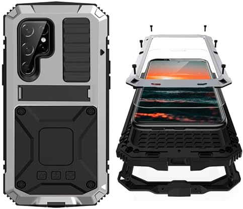 Simicoo Samsung S23 Ultra Metallhülle, silberfarben, Displayschutzfolie, Kamera-Abdeckung, militärisch, robust, strapazierfähig, Metallständer, Ganzkörper-Schutz, robust, staubdicht, stoßfest