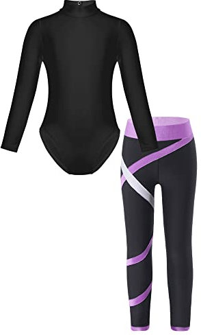 iEFiEL Mädchen Turnanzug Langarm Glitzer Gymnastik Kleidung Set Ballett Trikot Langarmbody mit Lange Hose Kinder Gymnastikanzug X Lavender 134-140
