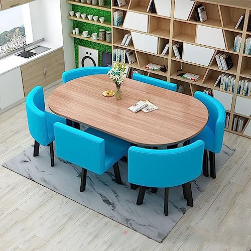 EYEWEB Blau Esstisch mit 6 Stühlen Konferenztisch mit Stühlen Set Besprechungstisch for Büros, Konferenzräume, Esszimmer, Küchen,Tischplatte aus Holz, Stahlkonstruktion (Color : Blue 4)