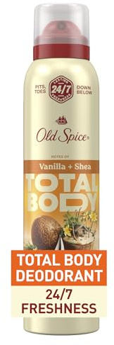 Old Spice Whole Body Deodorant Spray for Men, Aluminum Free, 24/7 Odor Protection, Dermatologist Tested, Gentle on Skin, Safe for Chest, Thighs, Feet, Whole Body Use, Vanilla + Shea Scent, 3.5 oz