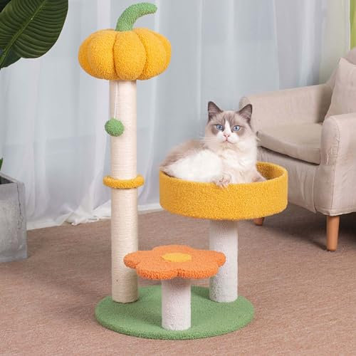 MODUSKYE Cat Tree Tower - Yellow Pumpkin Orange Flower Cat Bed, Cat Scratching Post with Play Toys for Cats, Cozy Fluffy 3 Pillars Kitten Climbing Nest, Small Cat Indoor Activity Tower - 29.5