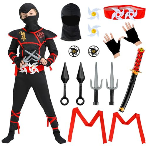 BIQIQI Costume Déguisement Ninja Enfants, 18Pcs Ensemble Ninja Costume pour Garçon, Costume Musculaire Ninja pour Carnaval Halloween Cosplay (L)