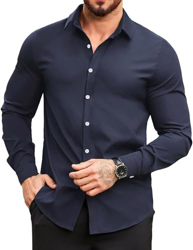 COOFANDY Mens Shirt Regular Fit Long Sleeve Shirt Casual Business Button Down Non Iron Formal Work Tuxedo Shirts Men Dark Blue L